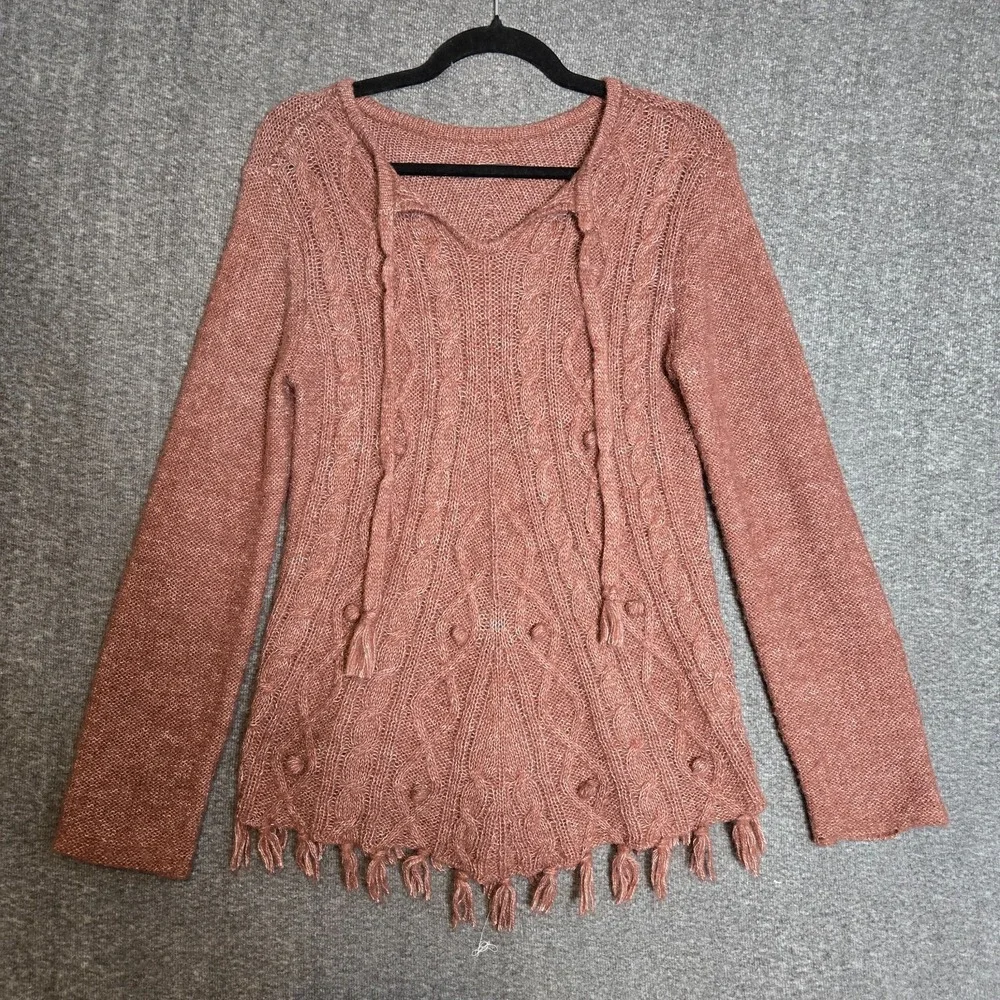 Prana Cable Sweater Womens Size Small Wool Blend Knit Fringe Pullover BOHO‎